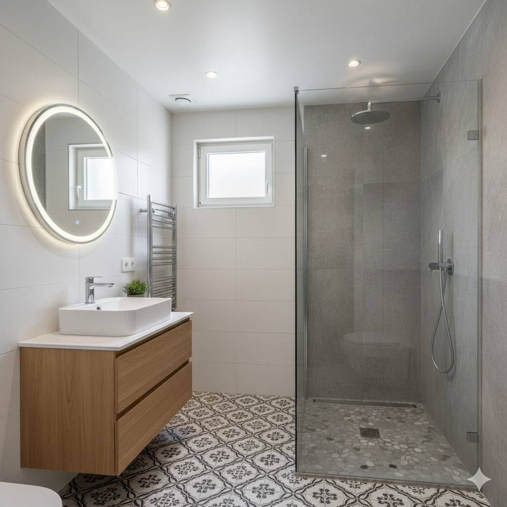 Rénovation complète d'une salle de bain moderne à Gémenos avec douche à l'italienne, carrelage élégant et paroi vitrée