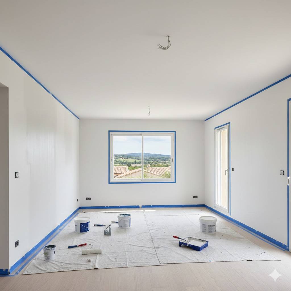 Mise en peinture des murs et plafonds d’une maison neuve à Auriol