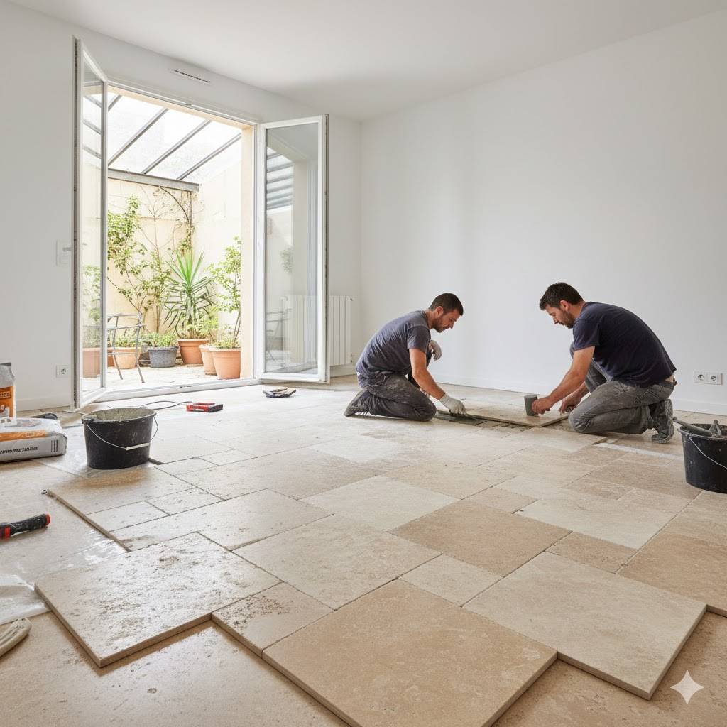 Pose de carrelage travertin opus romain dans une maison de ville à Marseille