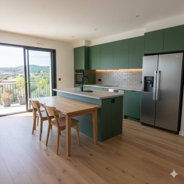 Rénovation complète d'un appartement moderne à Gémenos avec cuisine équipée vert olive et plan de travail en bois